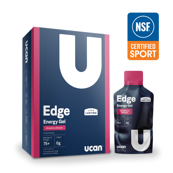 UCAN Strawberry Banana Edge Energy Gel box and pouch, NSF Certified for Sport